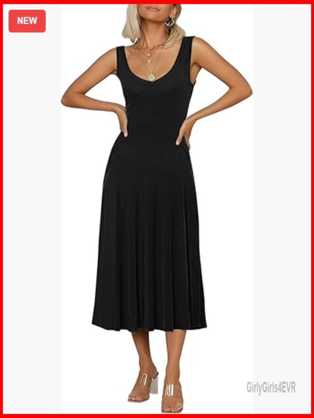 Sleeveless Flared Midi Swing Dress with Pockets